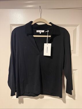 Frame Denim Black Long-Sleeve Polo Top with V-Neck